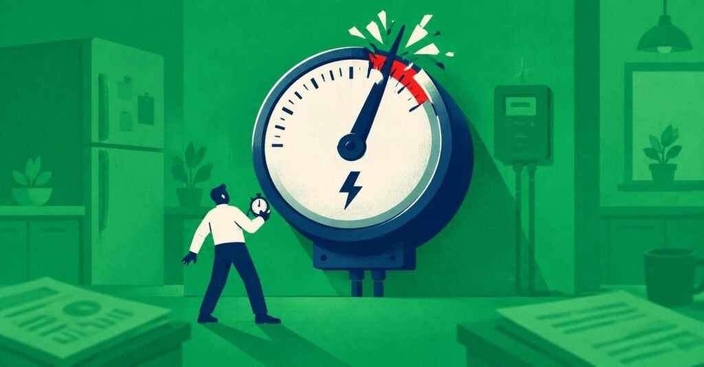 Ilustração de um medidor de energia com o ponteiro ultrapassando o limite vermelho, mostrando a inflação do IPCA acima do teto da meta.