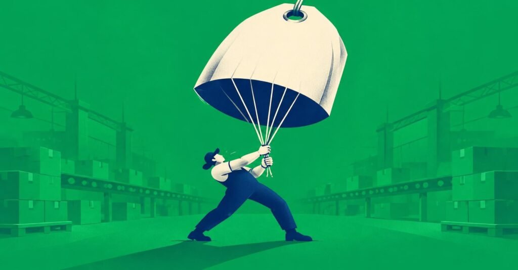 Ilustração de trabalhador segurando etiqueta de preço inflando, representando a alta do IPP inflação indústria setembro