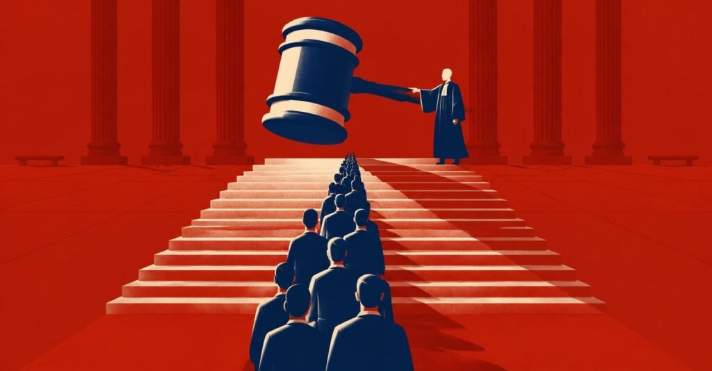 Ilustração de juiz guiando um martelo gigante sobre escadaria de tribunal, simbolizando o IRDR para CBS e IBS.