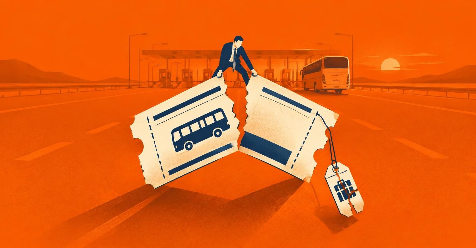 Ilustração de contador minúsculo sobre bilhete de ônibus rasgado, representando anulação de exclusão do Simples Nacional por perdimento.