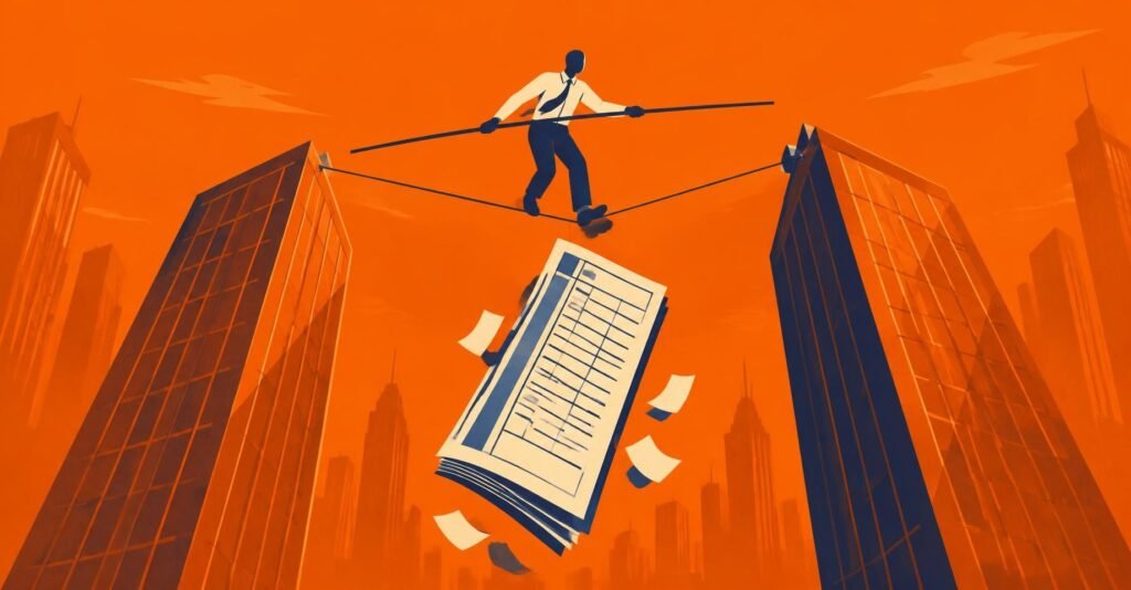 Ilustração de contador caminhando sobre um cabo entre prédios, representando a discussão sobre o adicional de 10% no lucro presumido.