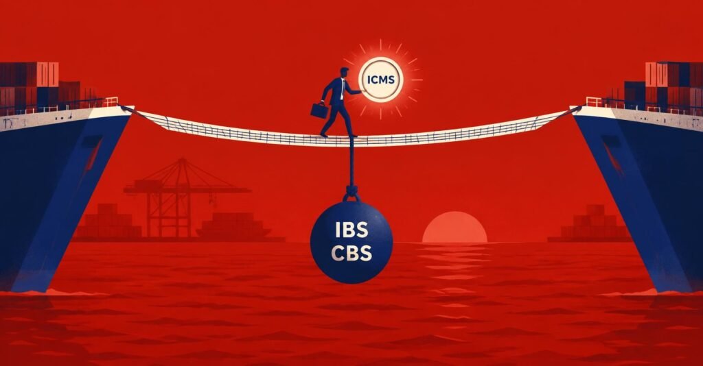 Ilustração de contador equilibrando moeda do ICMS em corda entre navios, com IBS e CBS afastados da base de cálculo