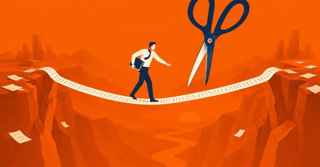 Contador equilibrando-se em corda de papel sobre um abismo, ilustrando o teto de 75% para multa tributária.