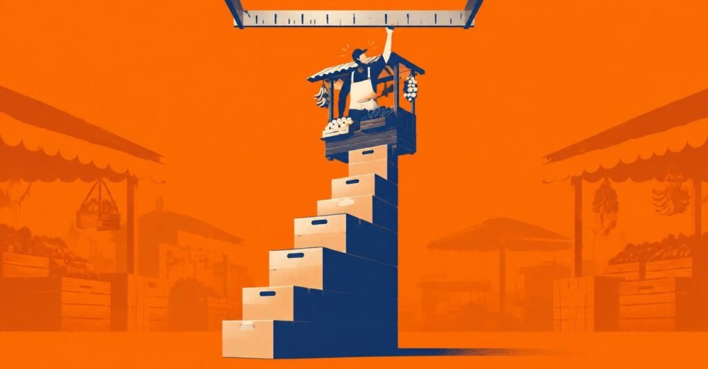 Ilustração de empreendedor MEI subindo escada de caixas rumo ao novo limite de faturamento MEI de R$ 140 mil.