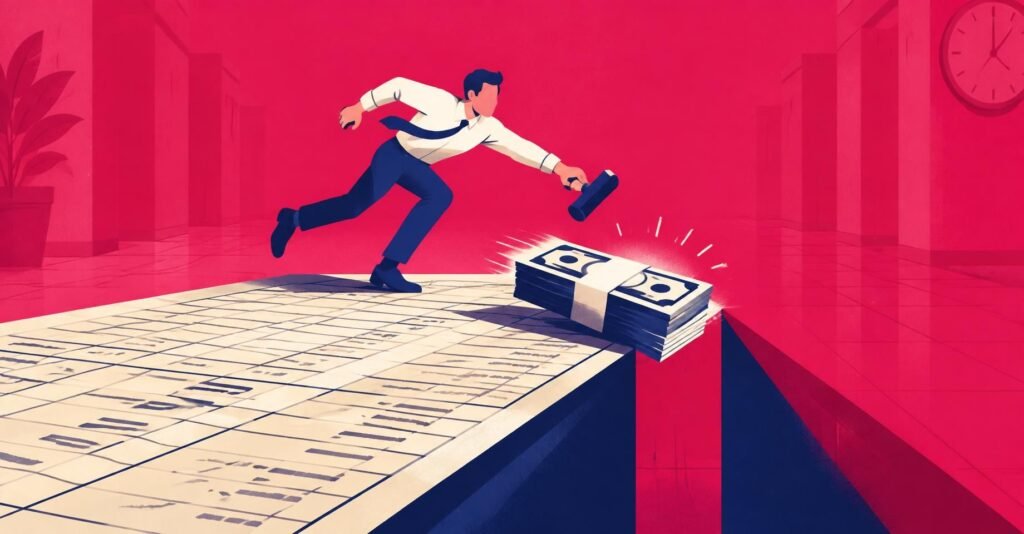 Ilustração de restituição do lote residual do IR 2026: cofre de dinheiro escorregando de uma mesa enquanto um servidor corre para segurá-lo.