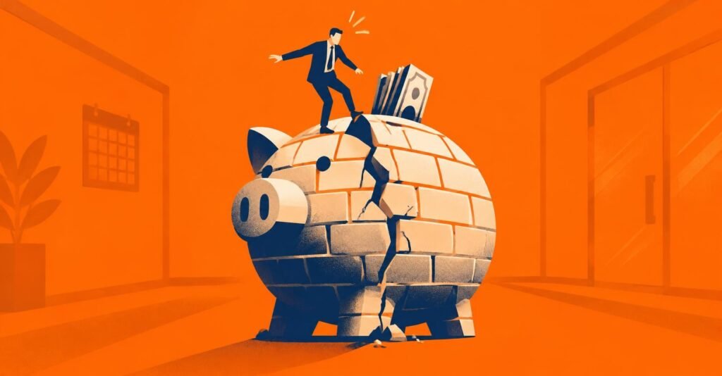 Ilustração de contador equilibrado sobre um cofre rachado: lucro presumido e distribuição de lucros limitada pela ADI 5161.