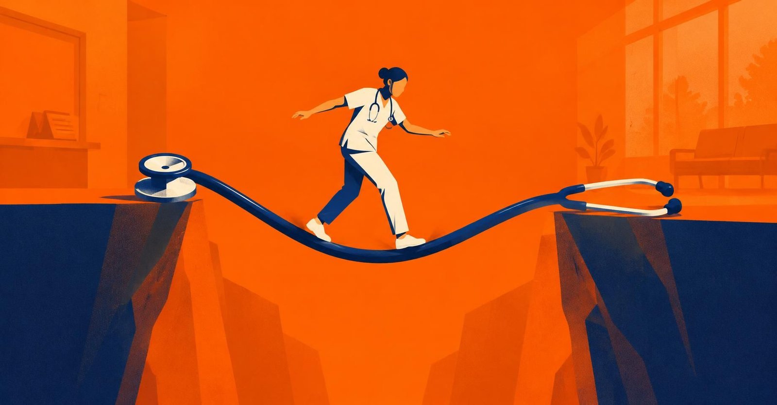 Ilustração de profissional de saúde atravessando um estetoscópio gigante sobre um abismo, tema lucro presumido serviços de saúde.
