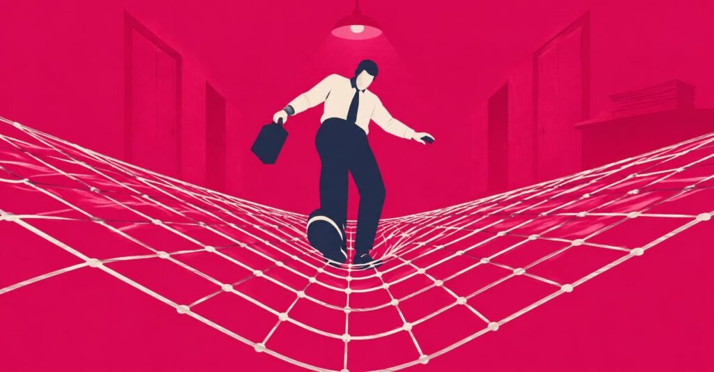 Ilustração de contribuinte caminhando sobre rede de malha fina, aviso da Receita Federal sobre cartas do IR 2026.