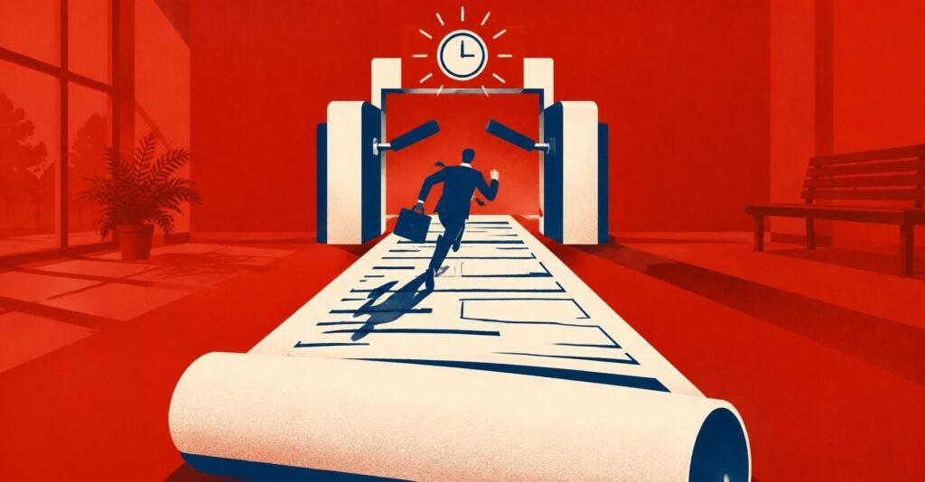 Ilustração de contador correndo sobre formulário de abertura de empresa, representando a MAT 2.0 e a escolha do regime de IBS e CBS.