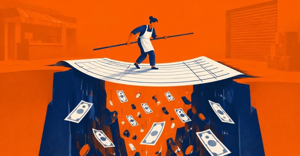 Microempreendedor individual caminhando com cuidado sobre um abismo, ilustrando o novo limite do MEI e o perdão de dívidas.