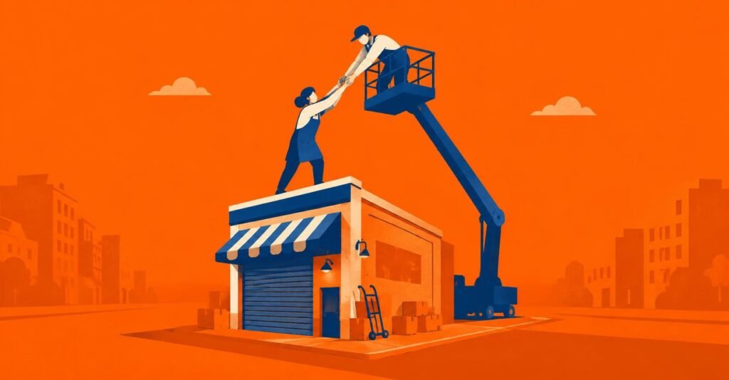 Ilustração de um MEI ampliando seu negócio com dois empregados, sinalizando o novo teto do MEI para 2026