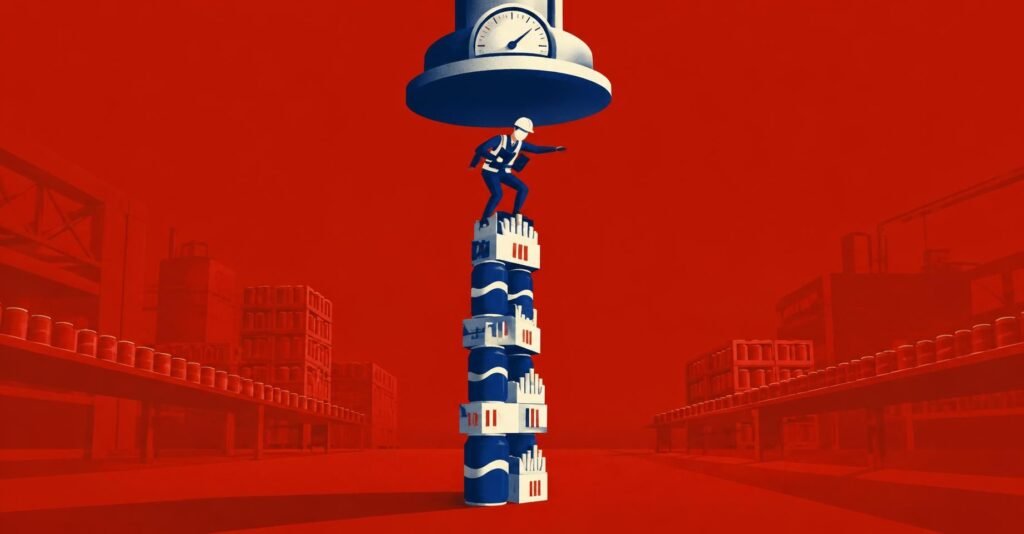 Ilustração de fiscal equilibrando latas e maços sob carimbo gigante, representando o Imposto Seletivo e as alíquotas da MP.