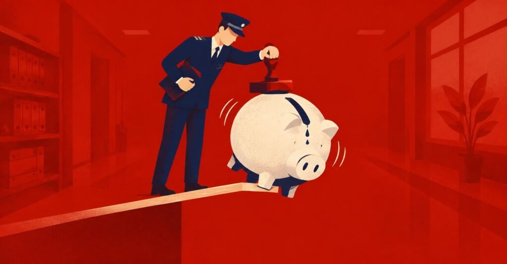 Ilustração de fiscal aplicando carimbo de multa em cofrinho equilibrado, representando multas do IBS e CBS no ano-teste