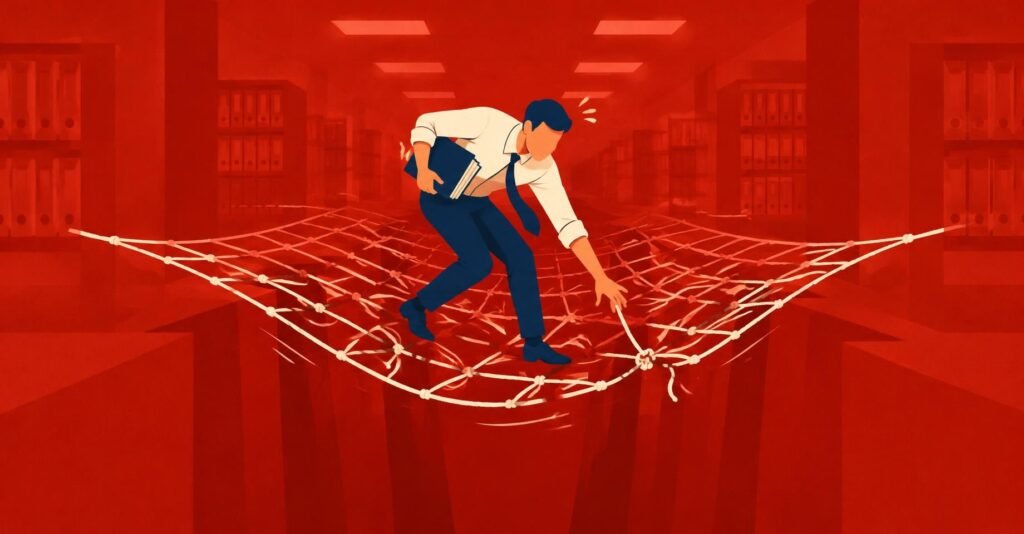 Contador equilibrando-se em rede sobre o vazio, ilustrando as mudanças de CST e cClassTrib na NFS-e em dezembro