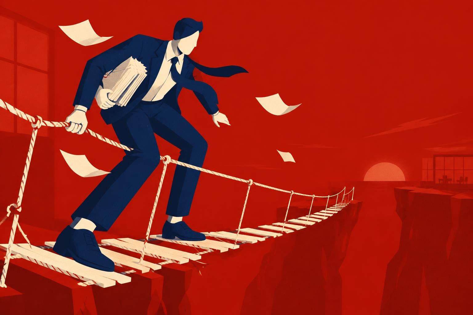 Contador atravessando uma ponte de corda sobre um abismo carregando notas fiscais, ilustrando a NFS-e sem IBS e CBS.