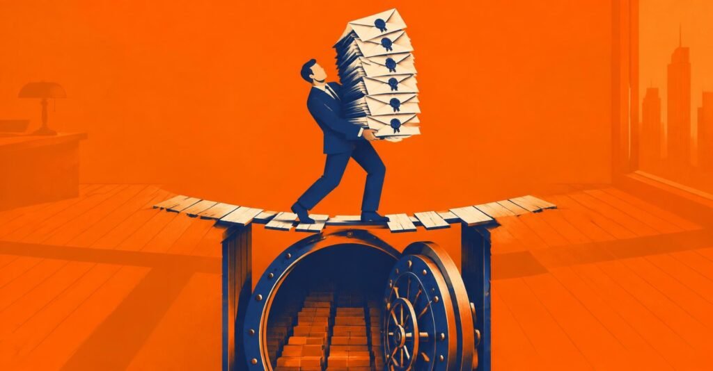 Ilustração de locador equilibrando recibos de aluguel sobre ponte frágil, tema NFS-e locação de imóveis.