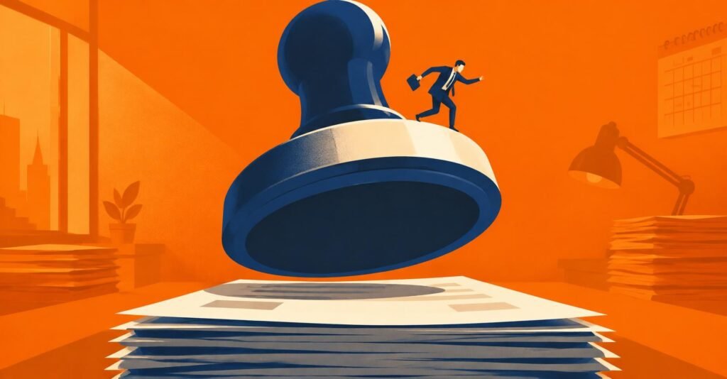 Ilustração de contador diante de carimbo gigante sobre notas fiscais, tema NFS-e nacional Simples Nacional.