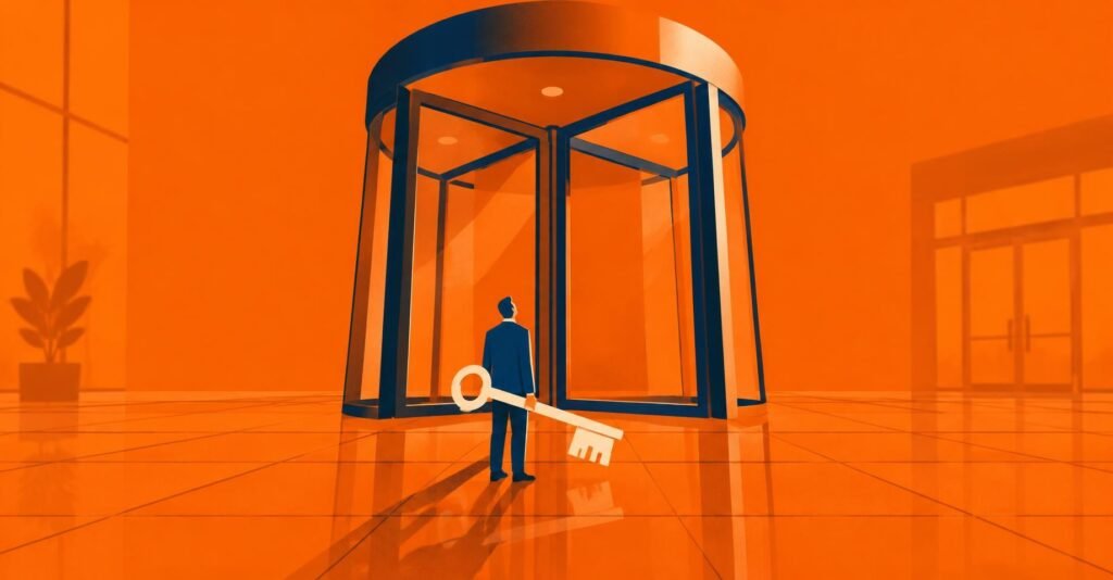 Contador diante de uma porta gigante girando vazia, ilustrando o NJP dívida ativa e a recusa da PGFN ao pagamento integral.