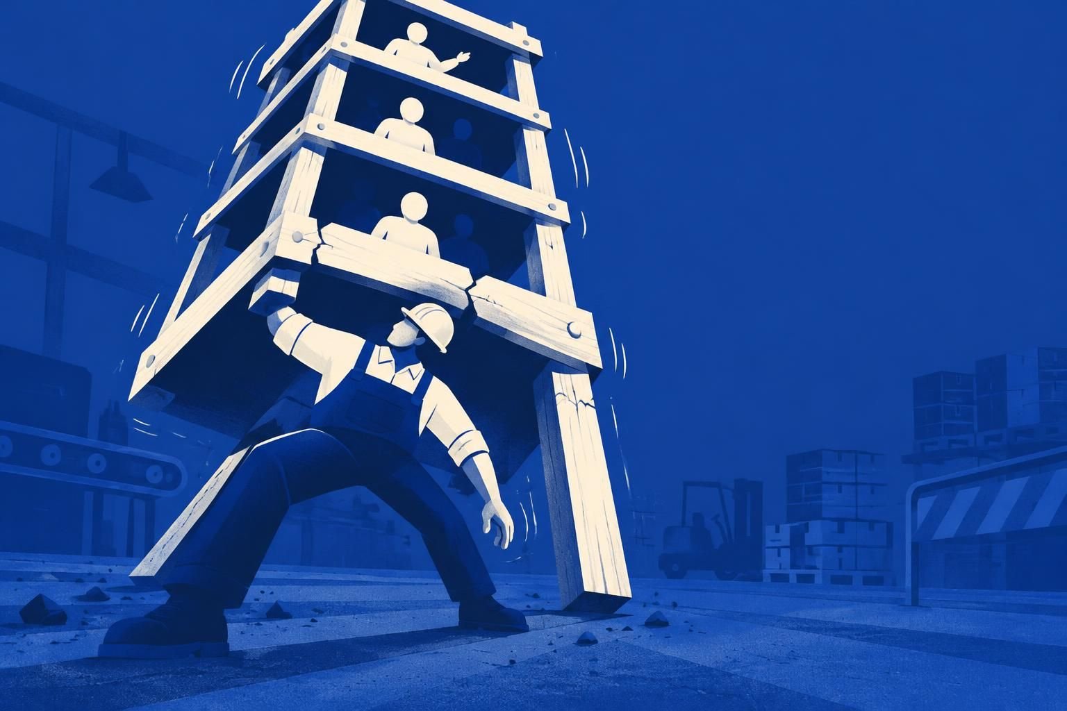 Gestor equilibrando torre pesada de treinamento de lideranças, tema da NR-1 e riscos psicossociais