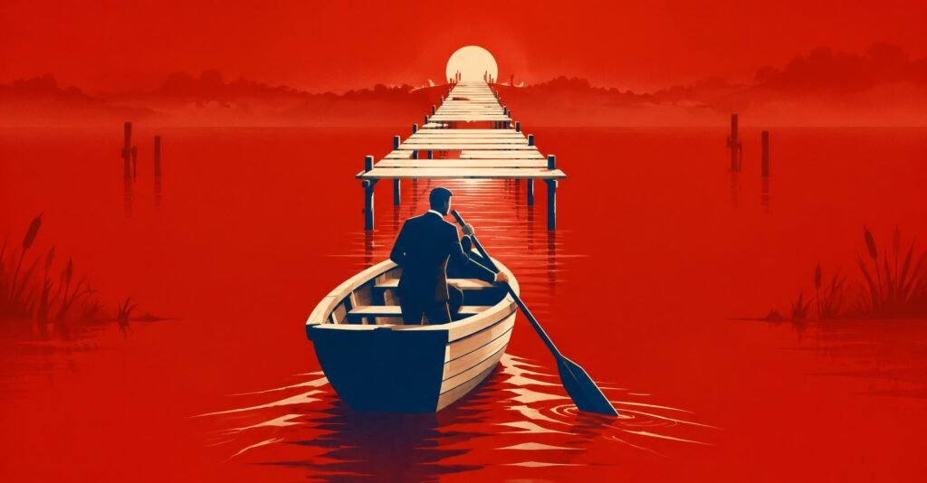 Ilustração de cooperado remando em barco rumo a uma ponte inacabada, simbolizando o prazo para opção pelo regime IBS e CBS para cooperativas.