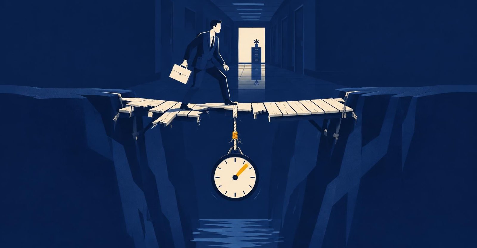 Contador atravessando ponte frágil sobre um abismo, representando a decisão de opção do Simples Nacional, IBS e CBS antes de 30/10