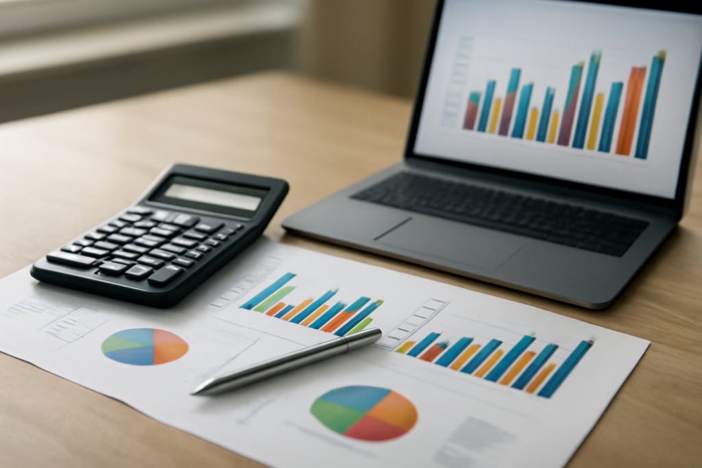 Mesa com relatórios financeiros, calculadora e gráficos sobre as projeções do Orçamento 2027