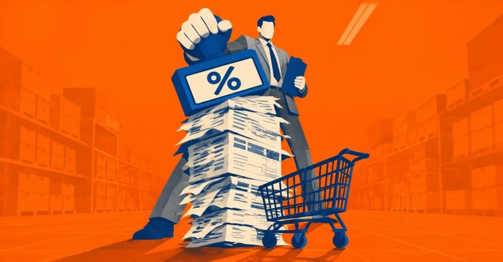Ilustração de fiscal carimbando pilha de faturas de ICMS, representando o parcelamento ICMS Confaz com descontos em São Paulo.