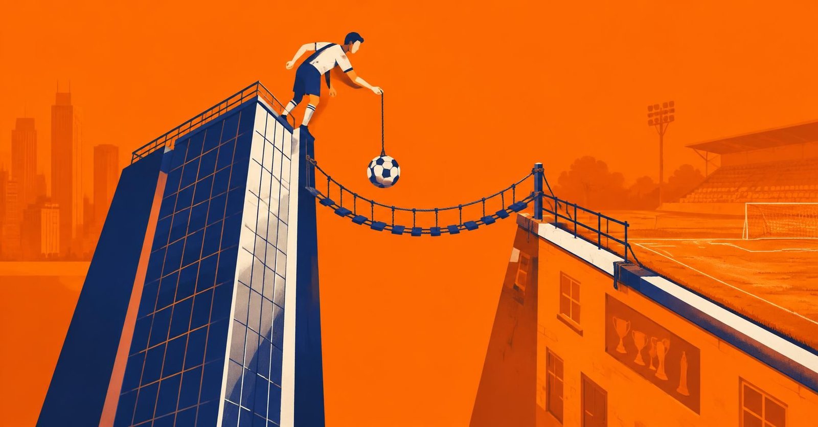 Ilustração de torcedor equilibrando uma bola sobre ponte entre clube tradicional e empresa, simbolizando PEC de associações esportivas e tributação.