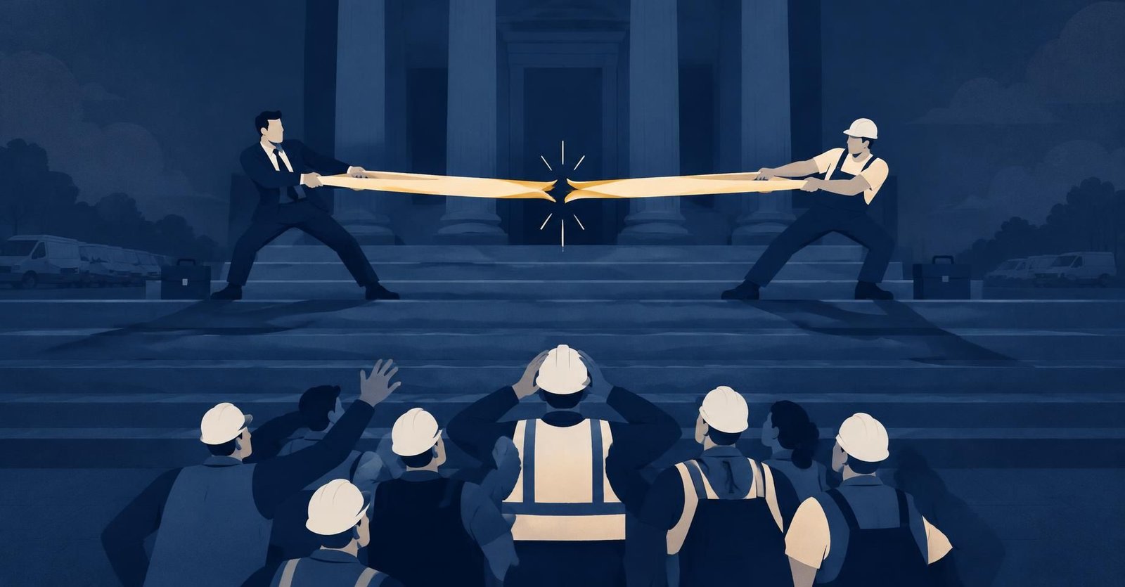 Ilustração de trabalhadores puxando uma faixa elástica esticada até o ponto de romper, sobre a escadaria de um tribunal, representando a pejotização no STF e o Tema 1389.