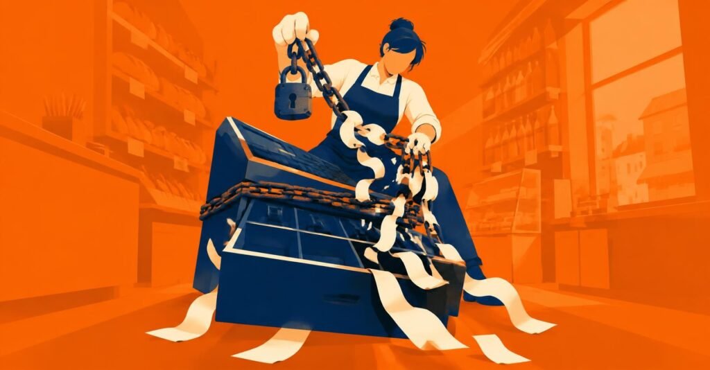 Ilustração de um microempreendedor libertando-se de correntes de dívida ao lado de uma gaveta de caixa gigante, representando o perdão de dívidas MEI.
