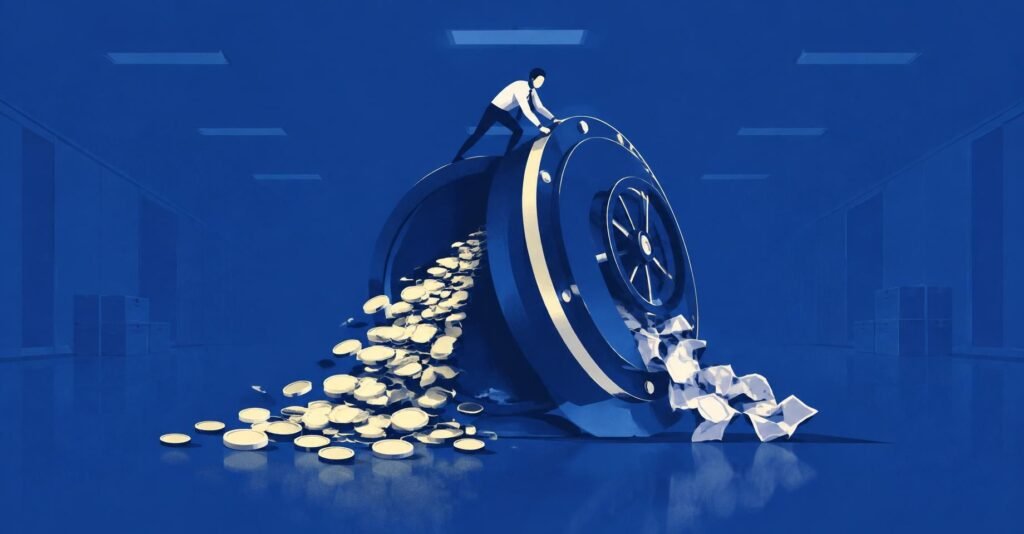 Ilustração de contador equilibrando um grande cofre entre moedas e dívidas, representando a transação de dívidas FGTS da PGFN com descontos.