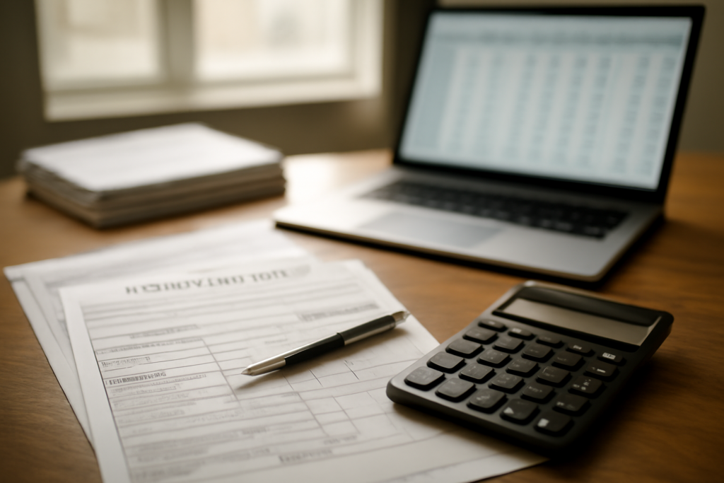 Mesa de escritório contábil com documentos fiscais, calculadora e notebook, representando a multa isolada por obrigação acessória