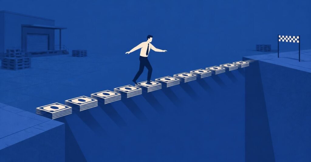 Ilustração de empresário dando passos cuidadosos sobre notas empilhadas, simbolizando o parcelamento de dívidas de FGTS pela PGFN