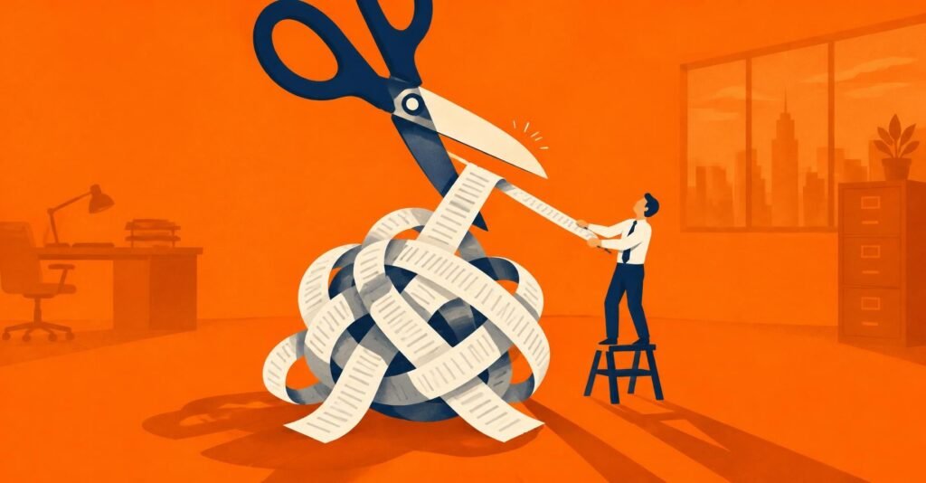 Ilustração de tesoura gigante prestes a cortar um emaranhado de tributos, representando a exclusão do ISS da base do PIS e da Cofins.
