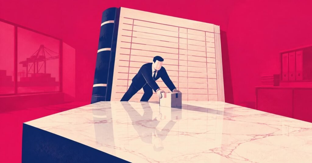 Ilustração de contador empurrando pequena caixa em mesa gigante; alude à isenção de IR sobre ganho de capital.