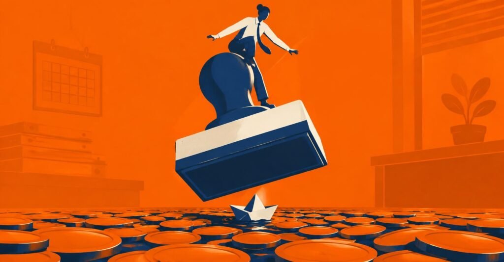 Ilustração de contador equilibrado sobre um carimbo gigante prestes a cair, representando o prazo até dia 30 para optar pelo Simples Híbrido.