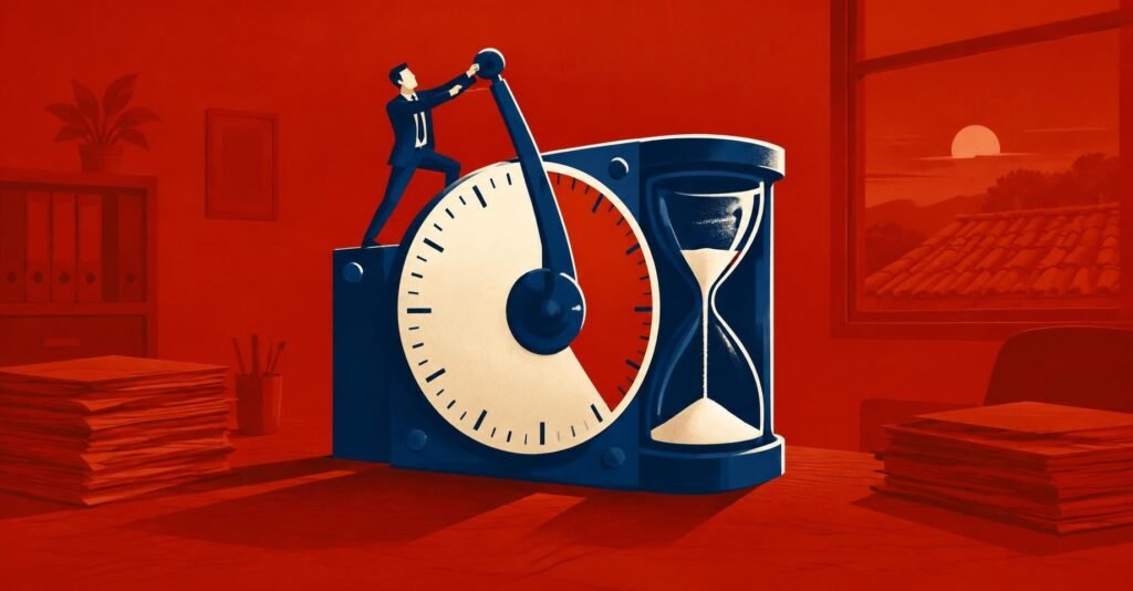 Ilustração de contador puxando alavanca gigante em relógio de prazo, representando o fim do prazo para opção pelo regime regular IBS CBS.