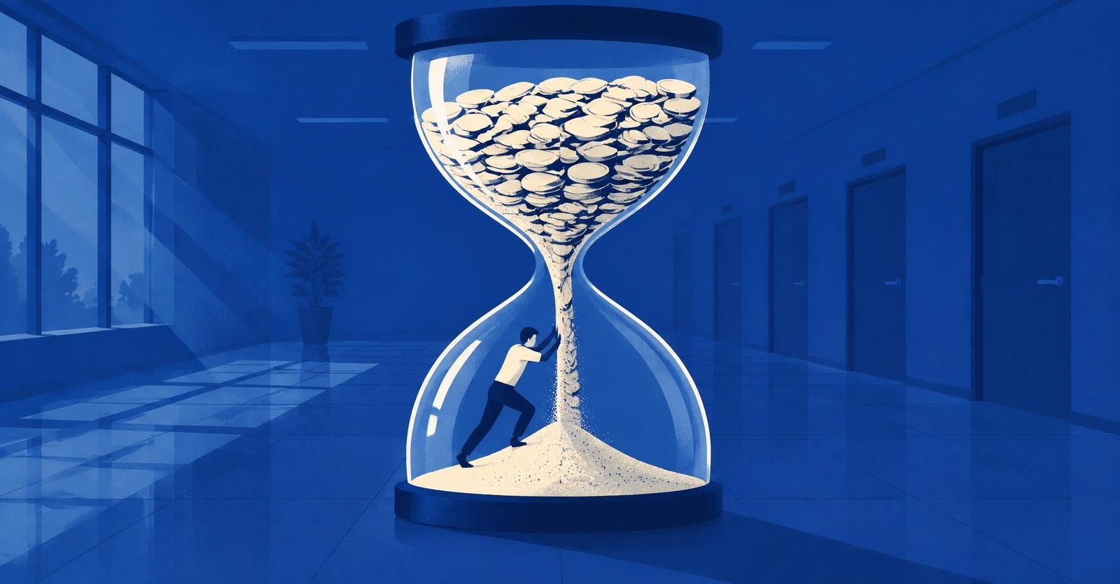 Ilustração de ampulheta cheia de peso da previdência, pressionando o orçamento e as despesas primárias do governo federal.