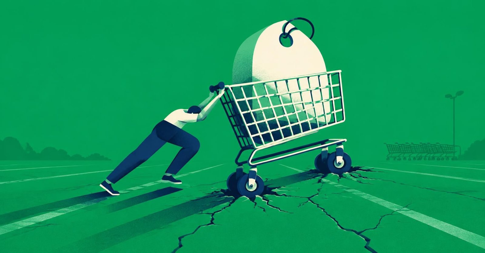 Ilustração de consumidor empurrando carrinho de supermercado pesado, simbolizando a projeção inflação 2026 em alta no Focus.