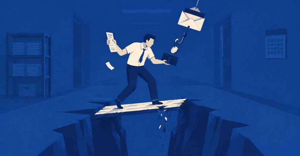 Ilustração de trabalhador sendo puxado por um anzol de desconto indevido em folha de pagamento, com projeto de lei que torna crime a fraude.