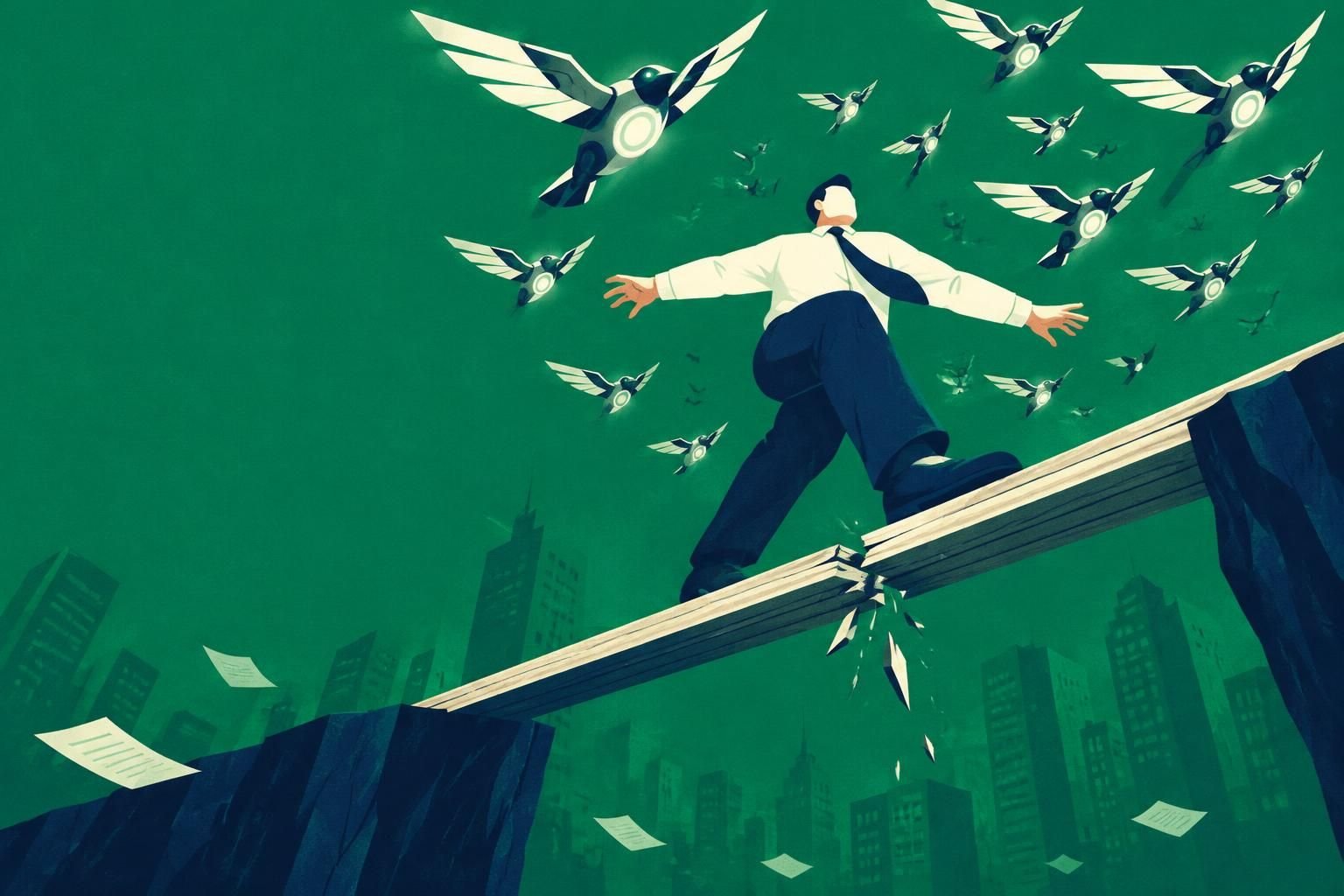 Ilustração de contador equilibrando-se em tábua sobre abismo, simbolizando projetos de IA autônoma Gartner e risco de cancelamento.