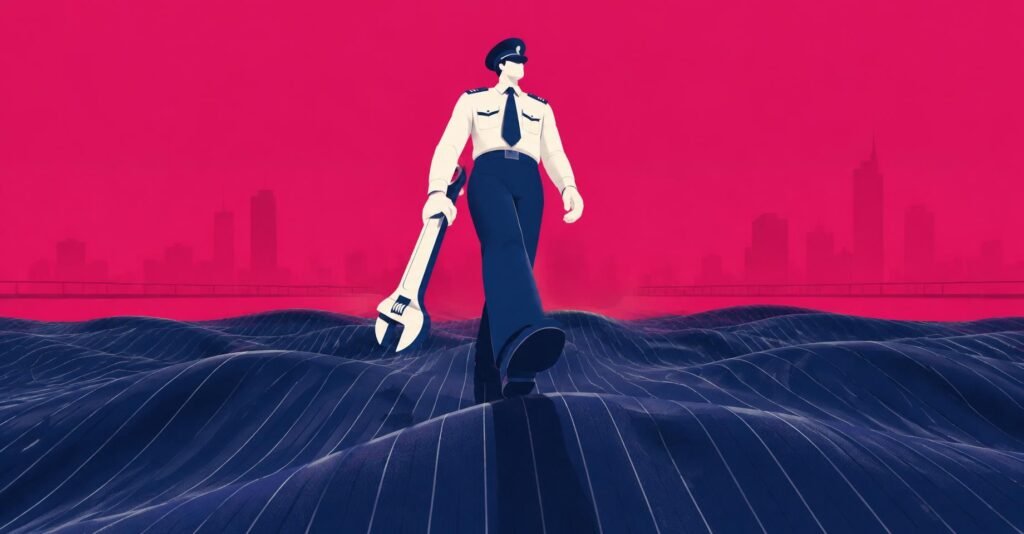 Ilustração de fiscal caminhando sobre um mar de tecido, representando a cobrança de dívidas de imposto de renda de pessoas físicas.
