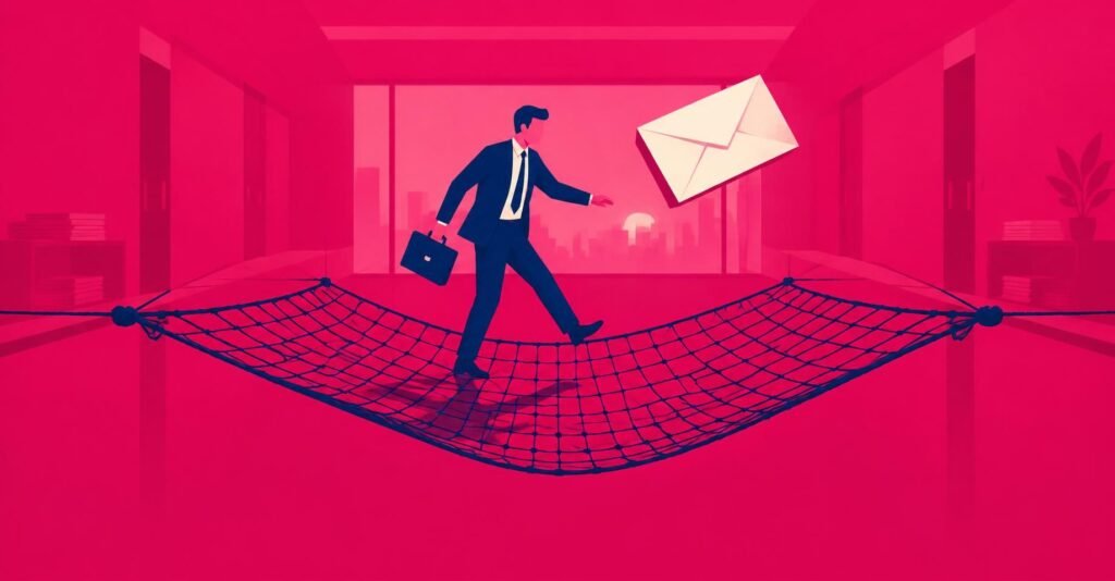 Ilustração de um fiscal atravessando uma rede de malha fina sobre um vazio, ao lado de um envelope, para matéria sobre malha fina do Imposto de Renda.