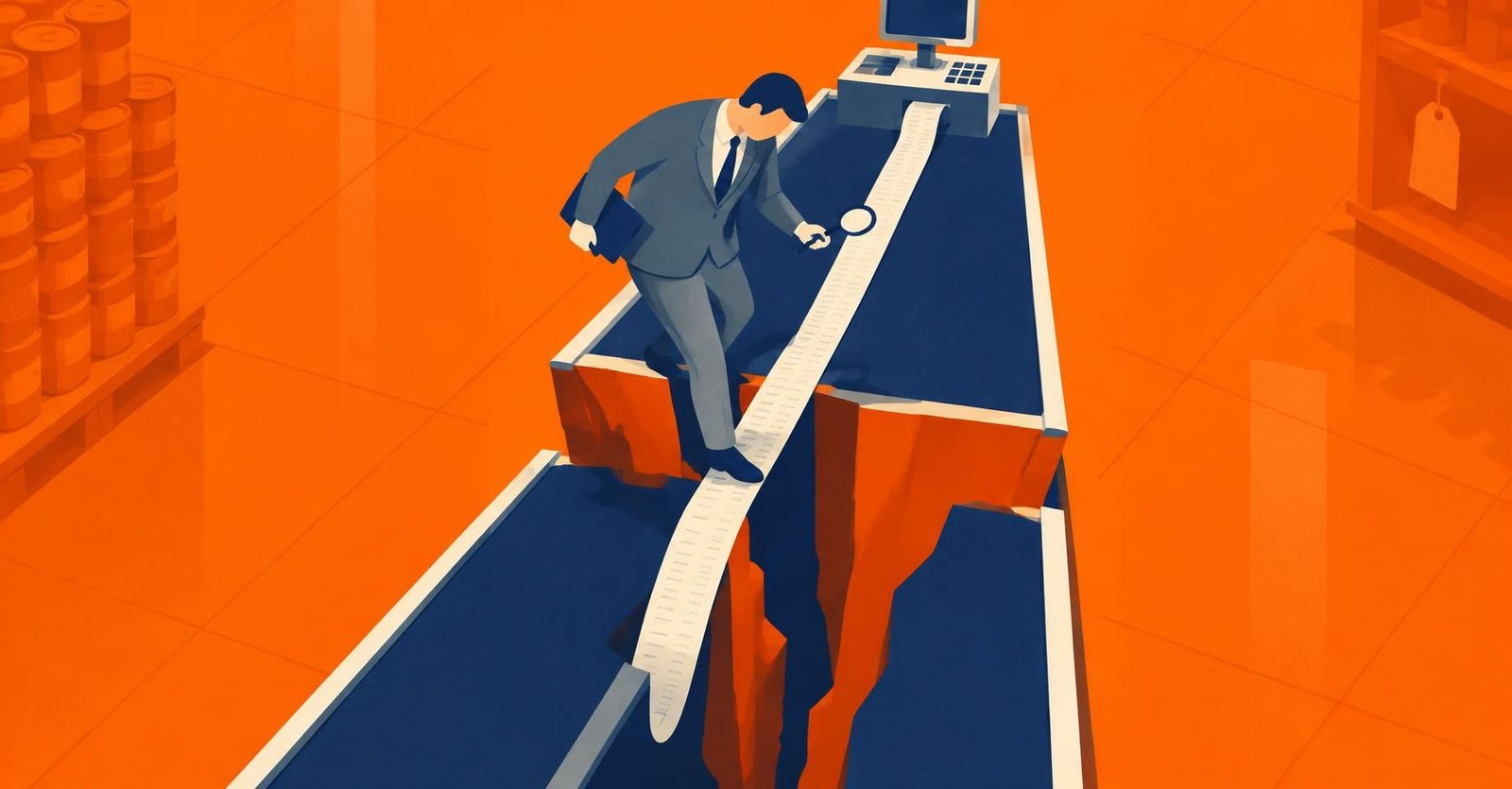 Ilustração de um fiscal atravessando uma tábua estreita sobre uma fenda, simbolizando o limite do crédito presumido de ICMS no IRPJ e CSLL.