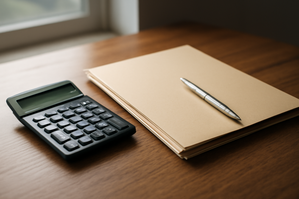 Mesa de escritório com calculadora e documentos sobre ganho de capital de cônjuges no IRPF