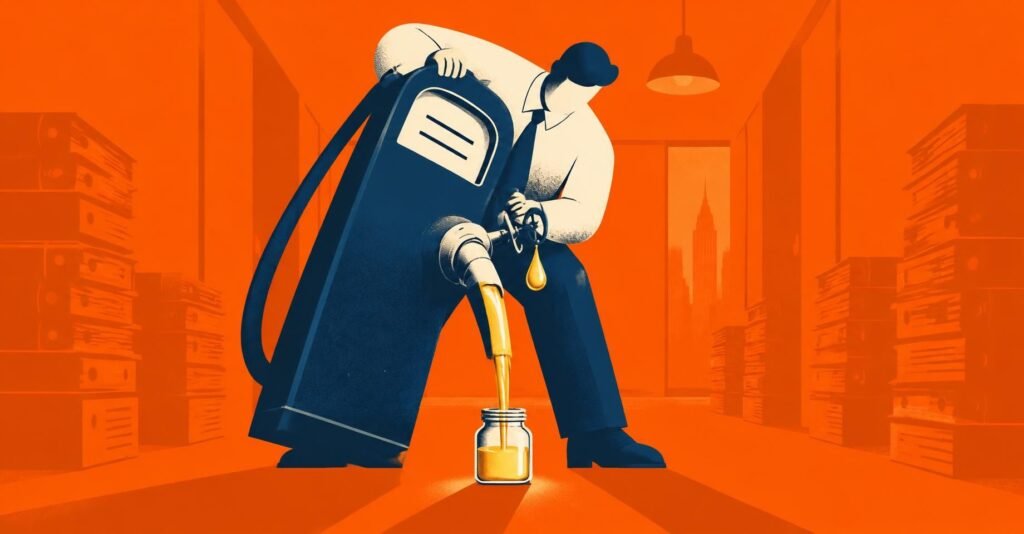 Ilustração de contador drenando recursos de uma bomba de combustível, representando a mudança no PIS Cofins sobre crédito presumido de ICMS.