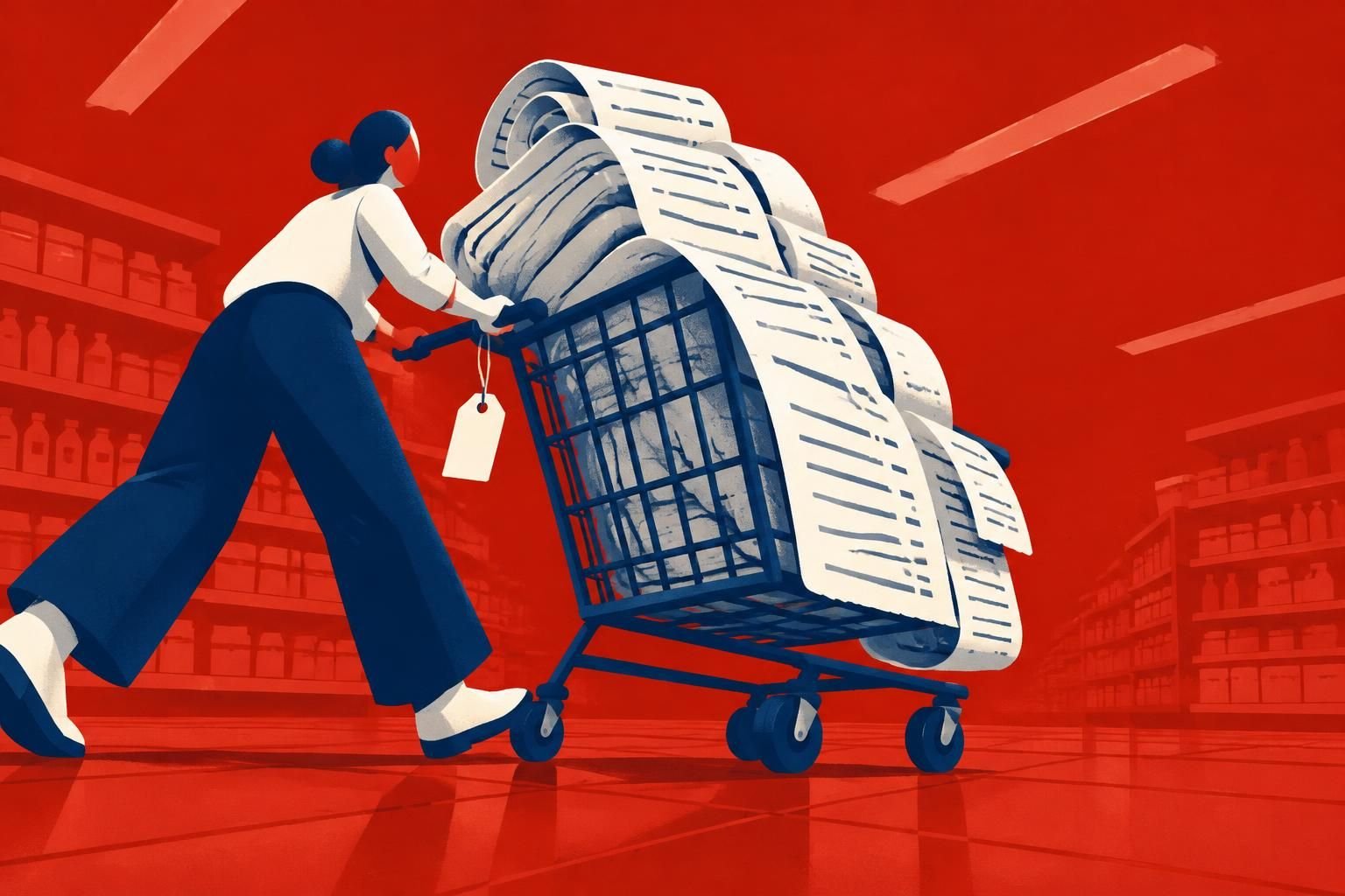 Ilustração de consumidor empurrando carrinho de supermercado pesado com imposto, mostrando como o redutor social da reforma tributária funciona na prática.