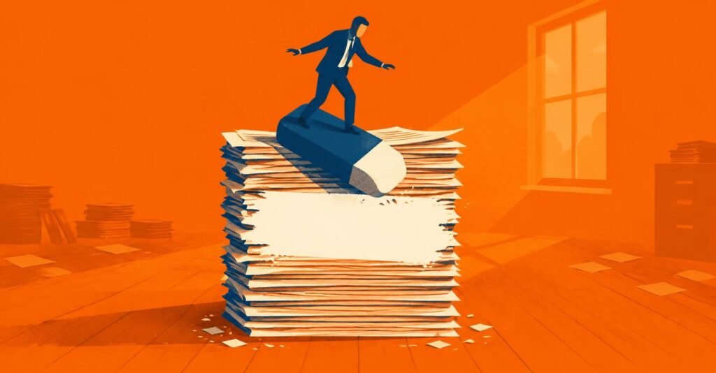 Ilustração de contribuinte apagando multas e juros de dívidas com o Refis Ceará descontos