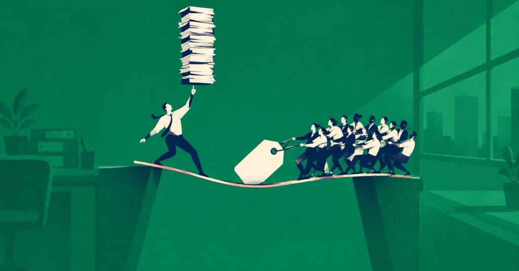Contador equilibrando pilha de notas enquanto clientes puxam etiquetas de preço, ilustrando honorários contábeis e reforma tributária.