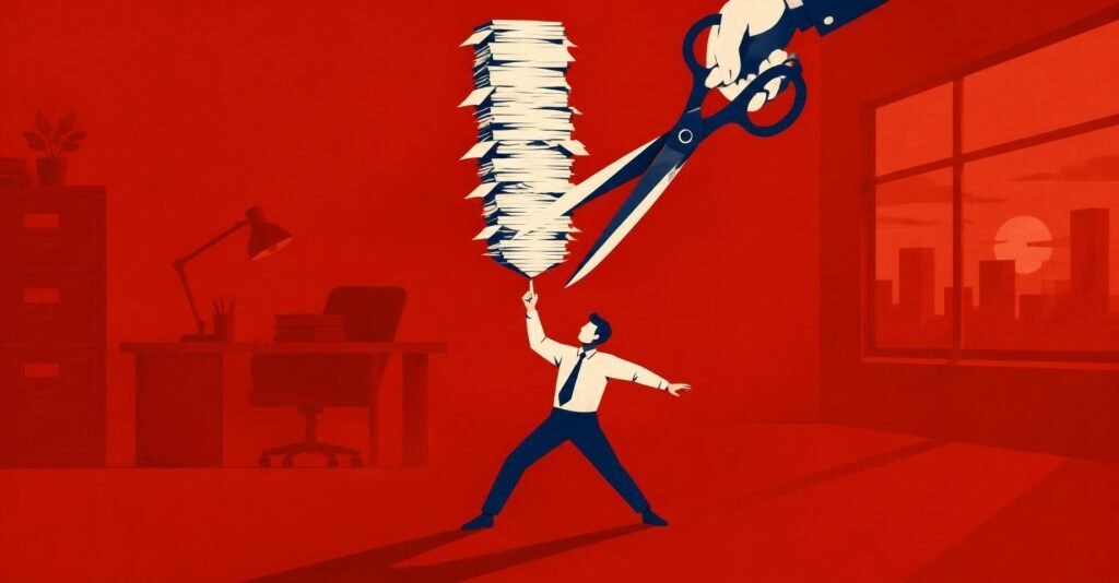 Ilustração de contador equilibrando notas fiscais sob ameaça de corte, sobre reforma tributária IBS CBS e IRPJ.